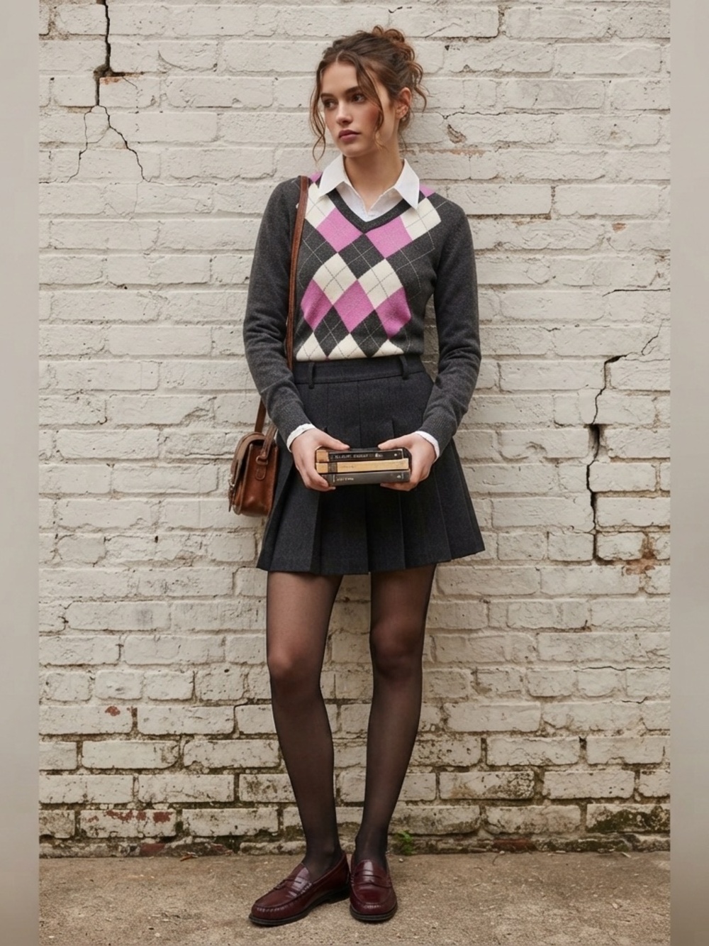 Vintage Style Dark Academia Argyle V-Neck Sweater Croft & Barrow PXS